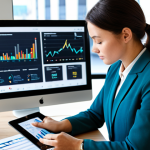 A thoughtful professional woman, fully clothed in a modest business suit, is seated at a sleek modern desk, looking intently at data displayed on a tablet and her smartwatch. The screen shows intricate graphs and charts representing personal health metrics, symbolizing her journey of transforming numbers into a health story and customizing her wellness path. The setting is a clean, well-lit contemporary office with soft, natural light. This image emphasizes health wisdom and informed decisions. perfect anatomy, correct proportions, natural pose, well-formed hands, proper finger count, natural body proportions, safe for work, appropriate content, fully clothed, professional.