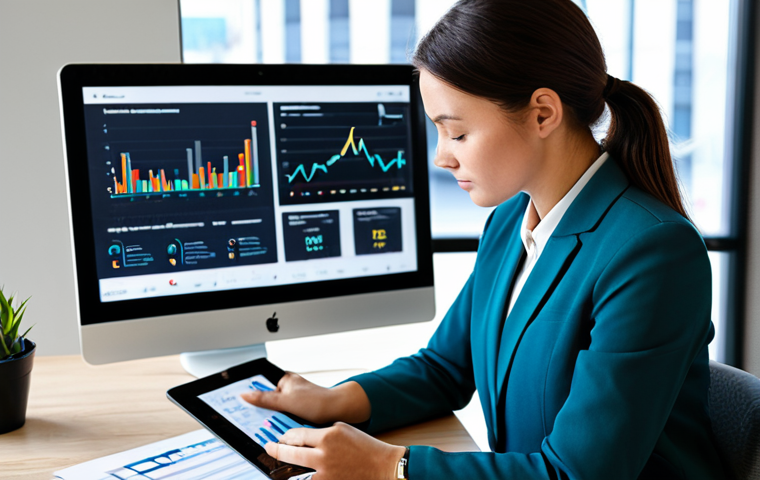 A thoughtful professional woman, fully clothed in a modest business suit, is seated at a sleek modern desk, looking intently at data displayed on a tablet and her smartwatch. The screen shows intricate graphs and charts representing personal health metrics, symbolizing her journey of transforming numbers into a health story and customizing her wellness path. The setting is a clean, well-lit contemporary office with soft, natural light. This image emphasizes health wisdom and informed decisions. perfect anatomy, correct proportions, natural pose, well-formed hands, proper finger count, natural body proportions, safe for work, appropriate content, fully clothed, professional.